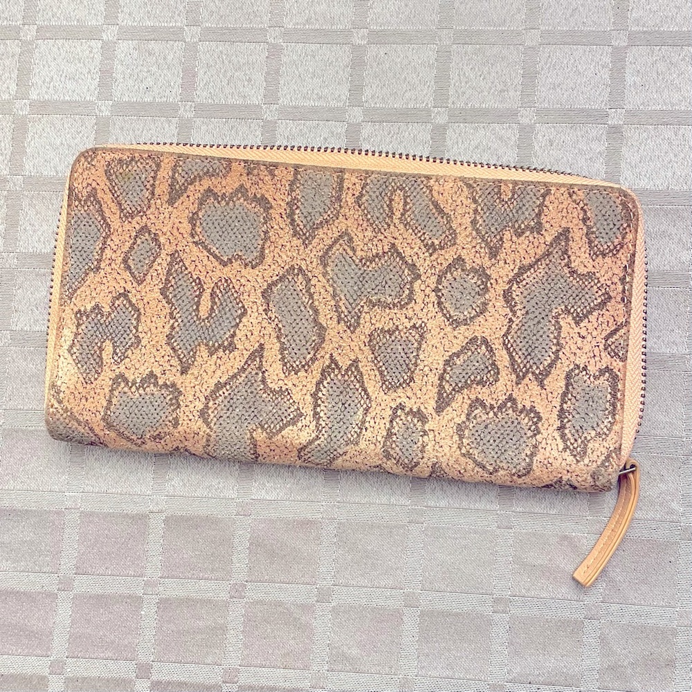 Anthropologie Zippered Clutch Wallet - Peach/Gray Leopard Print suede/leather